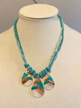 Handmade Turquoise and Mother of Pearl Teardrop Pendant Boho Necklace